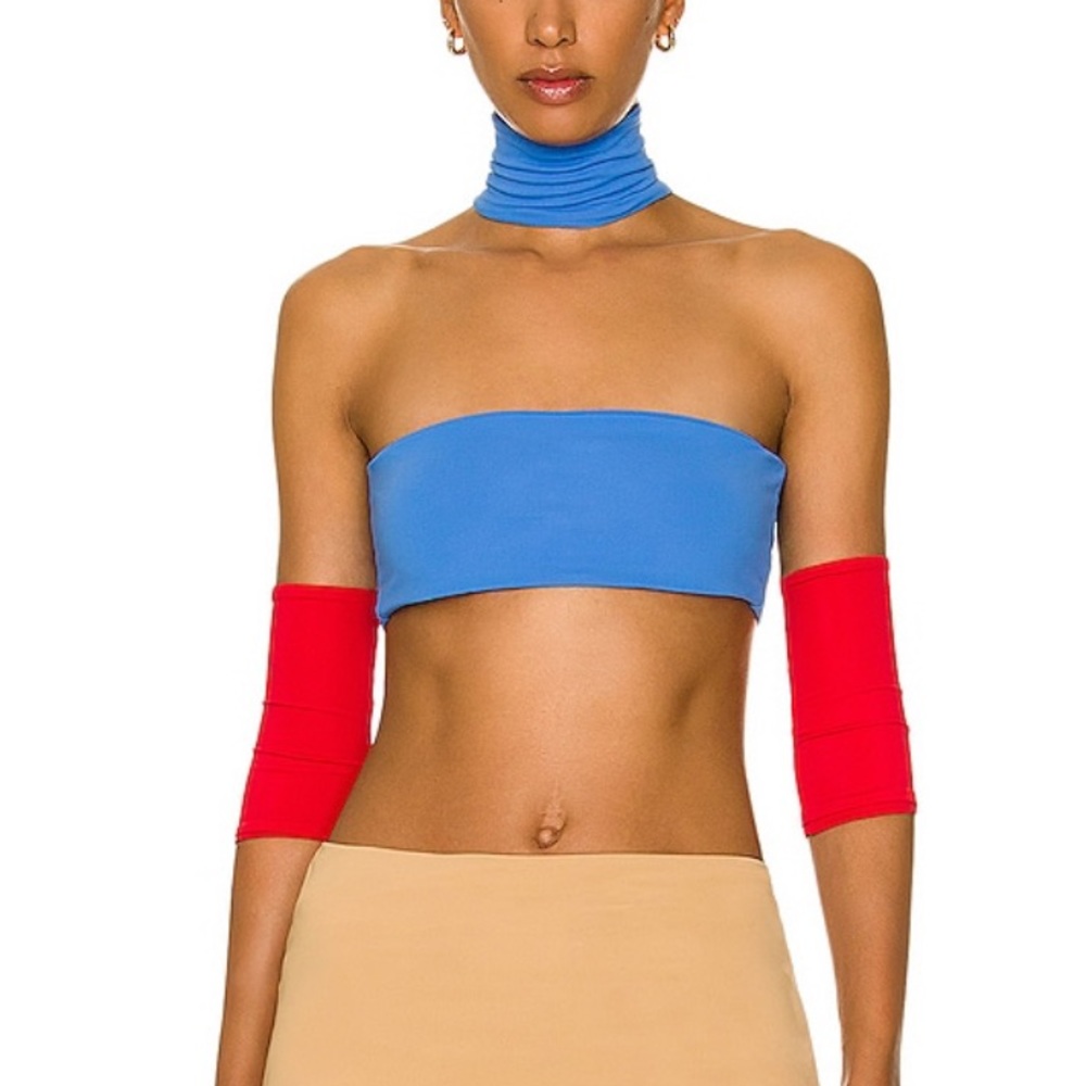 MAXIMILIAN DAVIS Creole Tri-Colour Swim Set in Powder Blue, Bright Red, & Camel